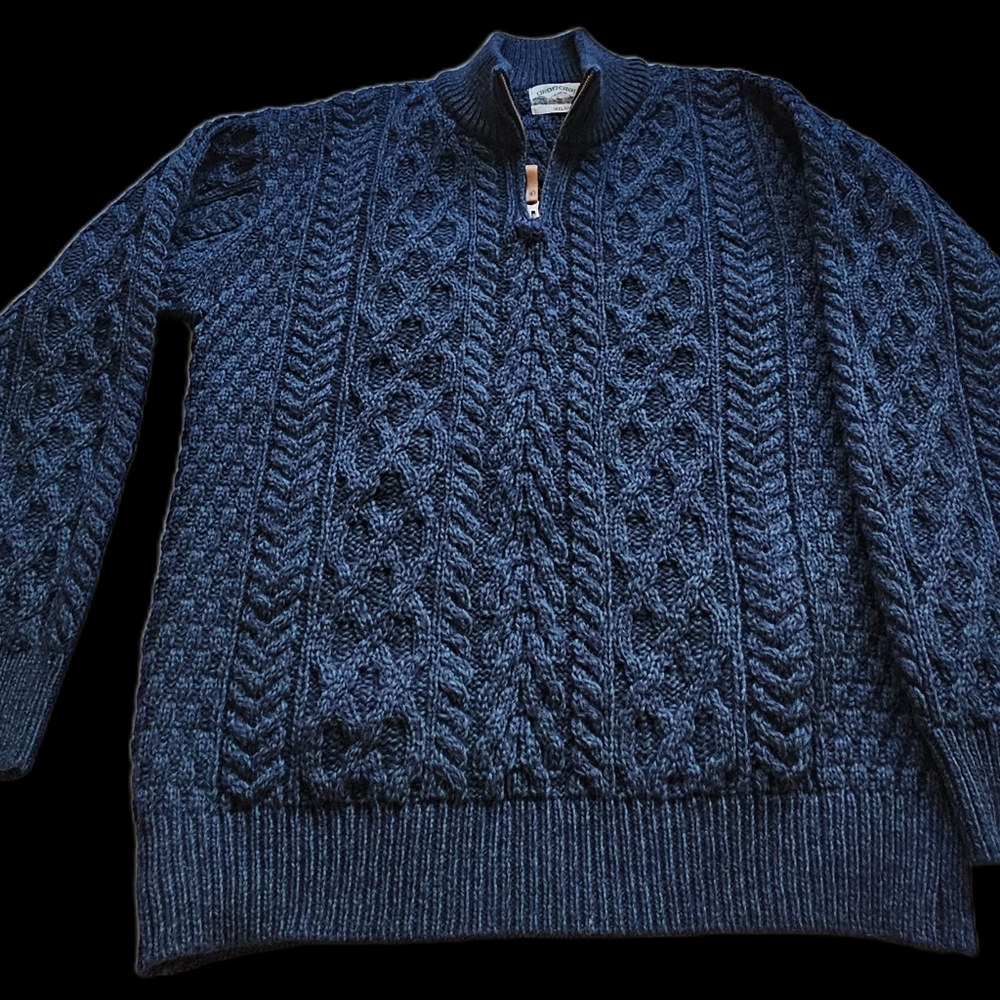 Aran Crafts Men's Atlantic blue 1/2 Zip Cable Knit Zip Sweater $189 - Picture 15 of 16